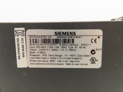 Siemens 6SE6440-2AB12-5AA1 MicroMaster 440 VFD AC Motor Drive 0.25kw 240V 1Ph In