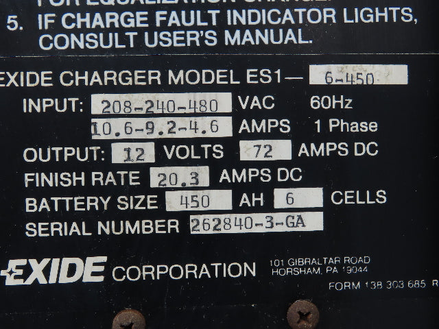 Exide ES1-6-450 Depth Battery Charger 208/240/480VAC Single Phase 12V 450AH
