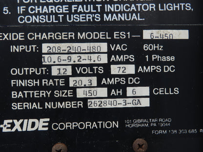 Exide ES1-6-450 Depth Battery Charger 208/240/480VAC Single Phase 12V 450AH