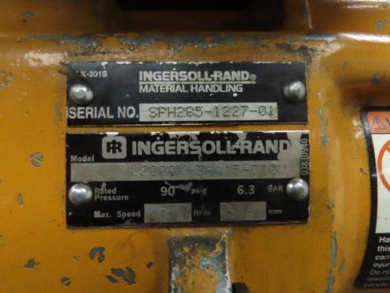 Ingersoll Rand HL200QK 2 Ton 4000Lb Pneumatic Air Hoist 11' 8"Lift Power Trolley