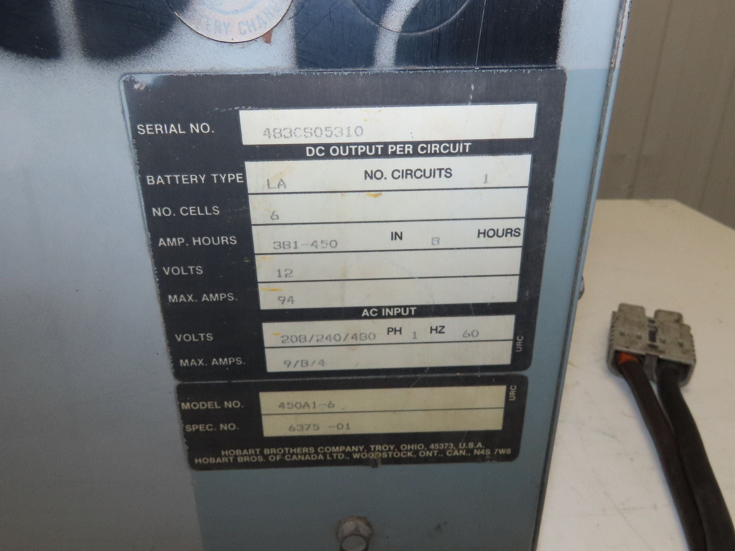 Hobart 450A1-6 Accu-Charge 12V Forklift Battery Charger 208/240/480V 1Ph 450Ah