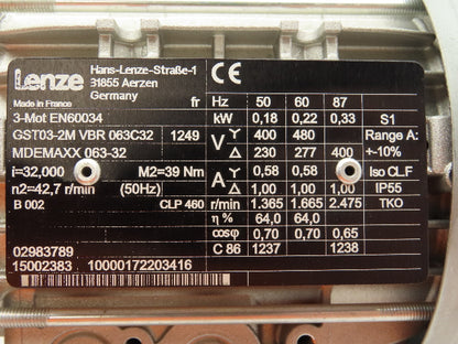 Lenze MDEMAXX Gear Motor 52RPM Output 39Nm 0.22 kW 277/480v 3PH Inline