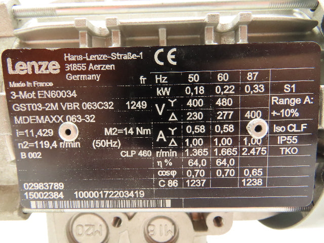 Lenze MDEMAXX Gear Motor 145RPM Output 14Nm 0.22 kW 277/480v 3PH Inline
