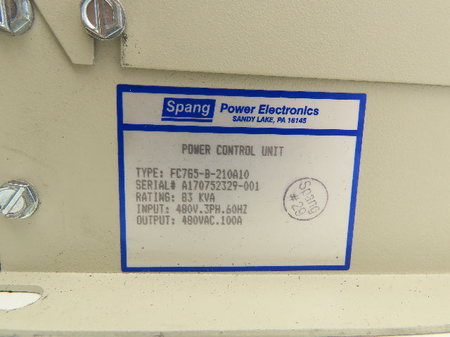 Spang FC765-B-210A10 Power Control Unit 83kVA 480V 100A 3Ph