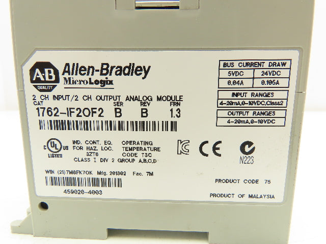 Allen Bradley 1762-IF2OF2 MicroLogix 1200 Analog I/O Module Ser B Rev B FRN 1.3