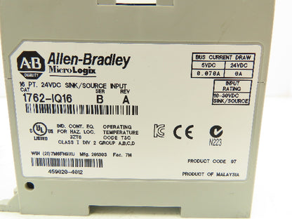 Allen Bradley 1762-IQ16 MicroLogix Sink Source Input Module Ser B Lot Of 3