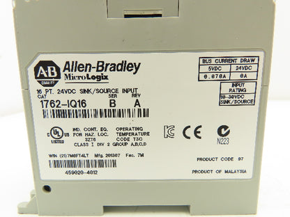 Allen Bradley 1762-IQ16 MicroLogix Sink Source Input Module Ser B Lot Of 2