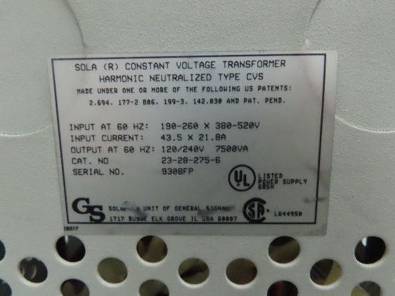 Sola 23-28-275-6 CVS Power Transformer 7500VA HV 240/480V LV 120/240V