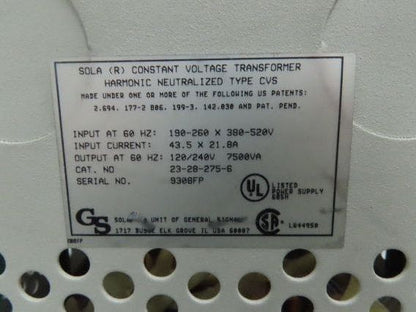 Sola 23-28-275-6 CVS Power Transformer 7500VA HV 240/480V LV 120/240V