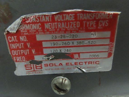 Sola 23-26-220 Constant Voltage Transformer 2kva 2000va HV 240/480 LV 120/240