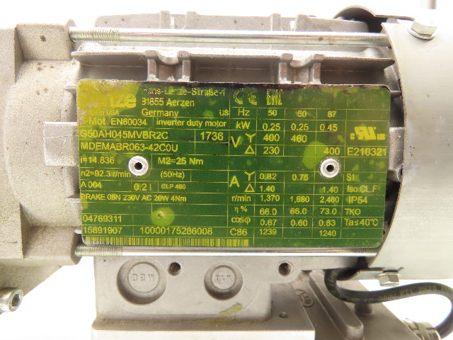 Lenze G50AH045MVBR2C Inline Gearmotor w/Brake 230/460V 3PH 14.8:1 Reducer 113rpm