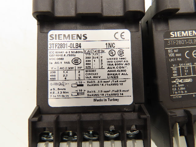 Siemens 3TF2801-0LB4 Contactor Sz 00 3-Pole 16A 1NC 600V 3PH 24VDC Coil Lot of 2