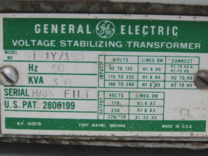 GE 9T91Y7193 Voltage Stabilizing Transformer 30kva In 120/208/240V Out 240/120V