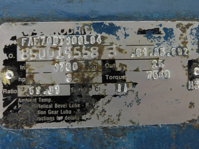 Sew Eurodrive FAF70DT100LS4 Gearmotor 3Hp 220V 3PH 69:1 25 RPM Parallel Shaft