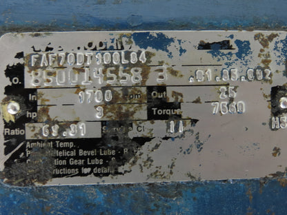 Sew Eurodrive FAF70DT100LS4 Gearmotor 3Hp 220V 3PH 69:1 25 RPM Parallel Shaft