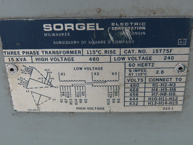 Sorgel 15T75F Stepdown Power Transformer 15 kVA 3Ph HV 480V LV 240V Delta