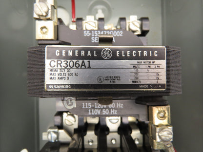 GE CR306A1 Magnetic Motor Starter 600V NEMA 00 Enclosure 3 Pole 9 Amp 120V Coil