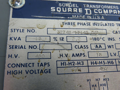 Square D 32749-17145-001 Stepdown Transformer 15 kVA 3Ph HV 480V LV 208Y/120