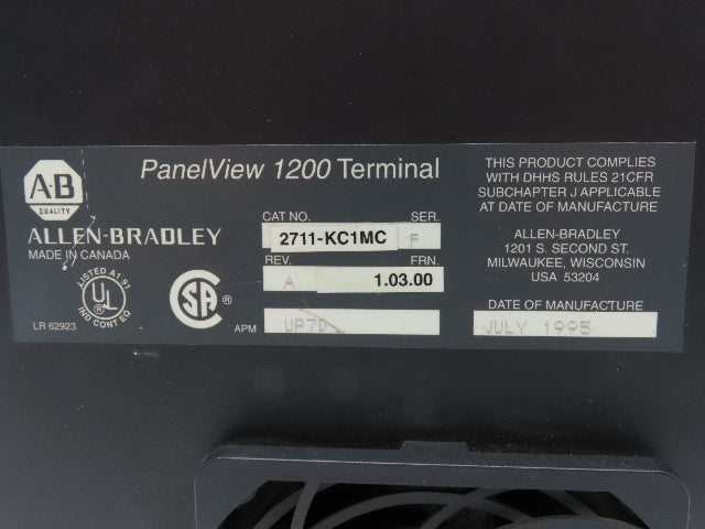Allen Bradley 2711-KC1MC PanelView 1200 Operator Control Panel Terminal Ser F