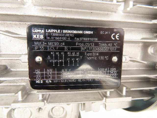 Laipple KEB NMS63 ME90La4 Gear Motor 230 RPM 266/460VAC 7.5:1 Ratio