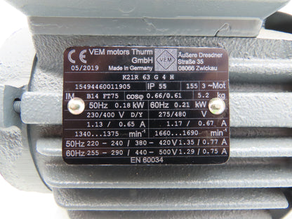 VEM K21R AC MOTOR 0.21kW 3PH 275/480VAC 1690RPM IEC 63 Frame IP55