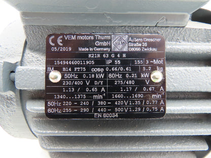 VEM K21R AC MOTOR 0.21kW 3PH 275/480VAC 1690RPM IEC 63 Frame IP55