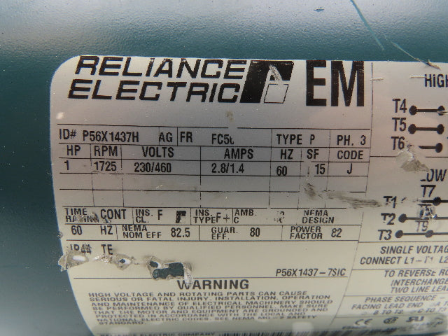 Reliance Electric AC Motor 1725RPM 1HP 230/460VAC 3PH FC56 Frame