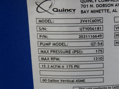 Quincy 2V41C60VC QT-54 Pro Air Compressor 5HP 60 Gal 15.2CFM Two-Stage 230V 1Ph