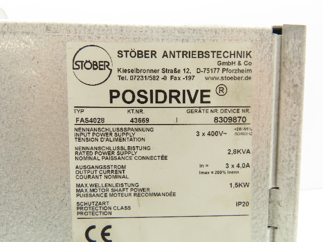 FAS FAS4028 Posidrive 3 Pole 400VAC Input 4.0A Output 1.5kW Motor