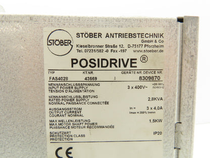 FAS FAS4028 Posidrive 3 Pole 400VAC Input 4.0A Output 1.5kW Motor