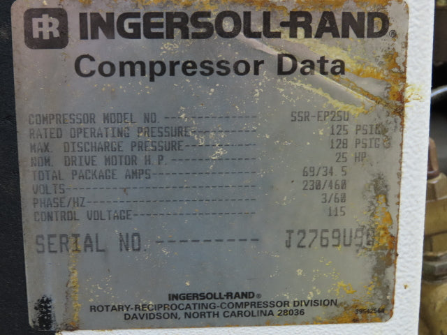 Ingersoll Rand SSR-EP25U Rotary Screw Air Compressor 92 CFM 125PSI 25HP 460V 3Ph