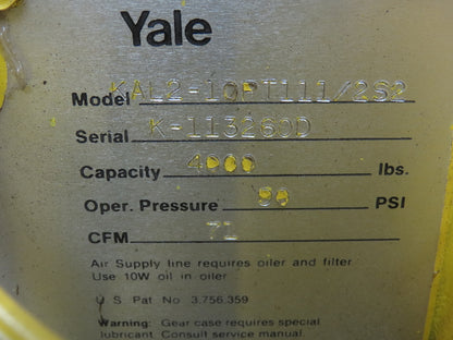 Yale KAL 2 Ton 4000Lb Pneumatic Air Chain Hoist 10' Lift Pendant & Push Trolley