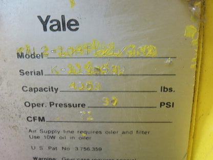 Yale KAL 2 Ton 4000Lb Pneumatic Air Chain Hoist 10' Lift Pendant & Push Trolley