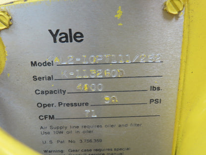 Yale KAL 2 Ton 4000Lb Pneumatic Air Chain Hoist 10' Lift Pendant & Push Trolley
