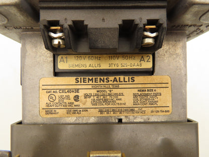 Siemens-Allis CXL40*3E Contactor 135A 600V 3 Pole 120V Coil Model E