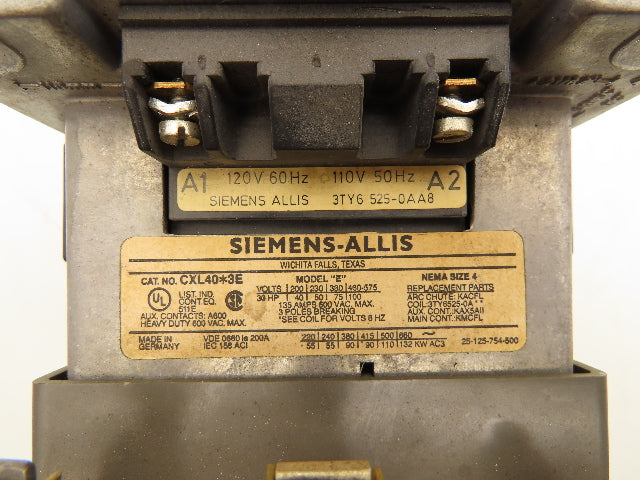 Siemens-Allis CXL40*3E Contactor 135A 600V 3 Pole 120V Coil Model E