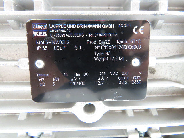 Laipple KEB MA90L2 Brake Motor 3Kw/4Hp 2830 RPM 230/460V 3PH IEC 90L Frame