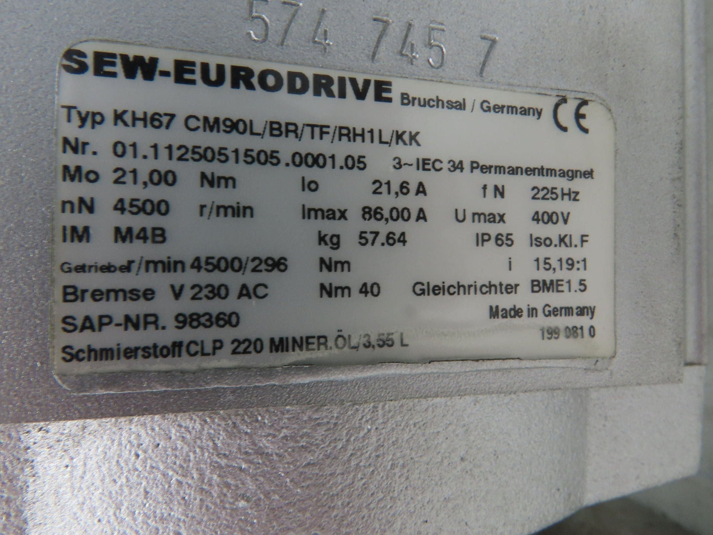 Sew Eurodrive KH67 CM90L/BR/TF/RH1L/KK Servo Gear Motor 3PH 15:1 Hollow Shaft