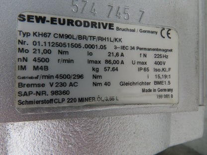 Sew Eurodrive KH67 CM90L/BR/TF/RH1L/KK Servo Gear Motor 3PH 15:1 Hollow Shaft