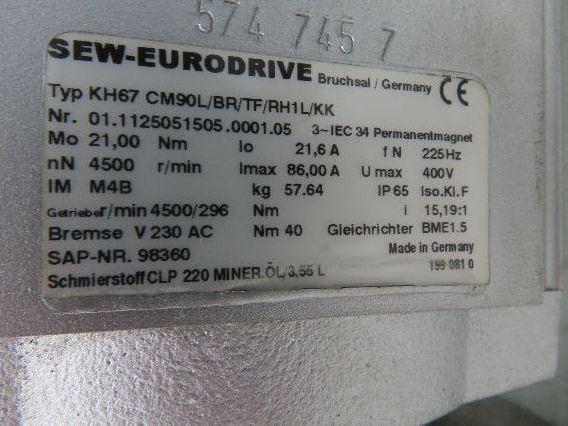 Sew Eurodrive KH67 CM90L/BR/TF/RH1L/KK Servo Gear Motor 3PH 15:1 Hollow Shaft