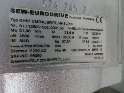 Sew Eurodrive KH67 CM90L/BR/TF/RH1L/KK Servo Gear Motor 3PH 15:1 Hollow Shaft