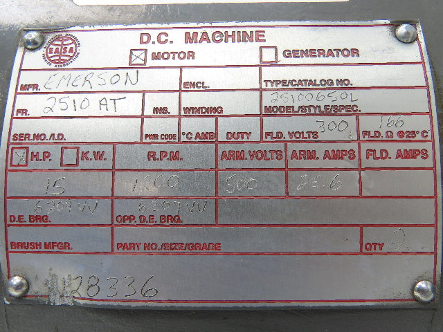 Emerson 25100650L DC Motor 15Hp 25.6A 1200 RPM 300/500V 2510AT Frame