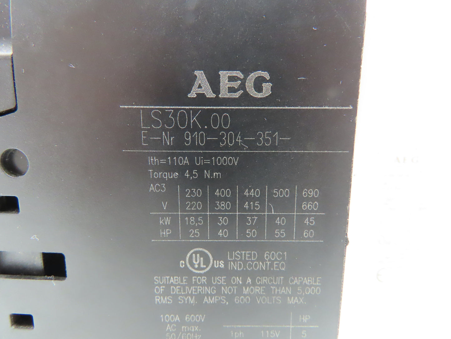 AEG LS30K.00 Contactor 220-660VAC 3PH 25-60HP 18.5-45kW