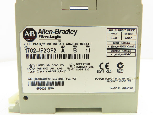 Allen Bradley 1762-IF2OF2 MicroLogix 1200 Analog I/O Module Missing Cover