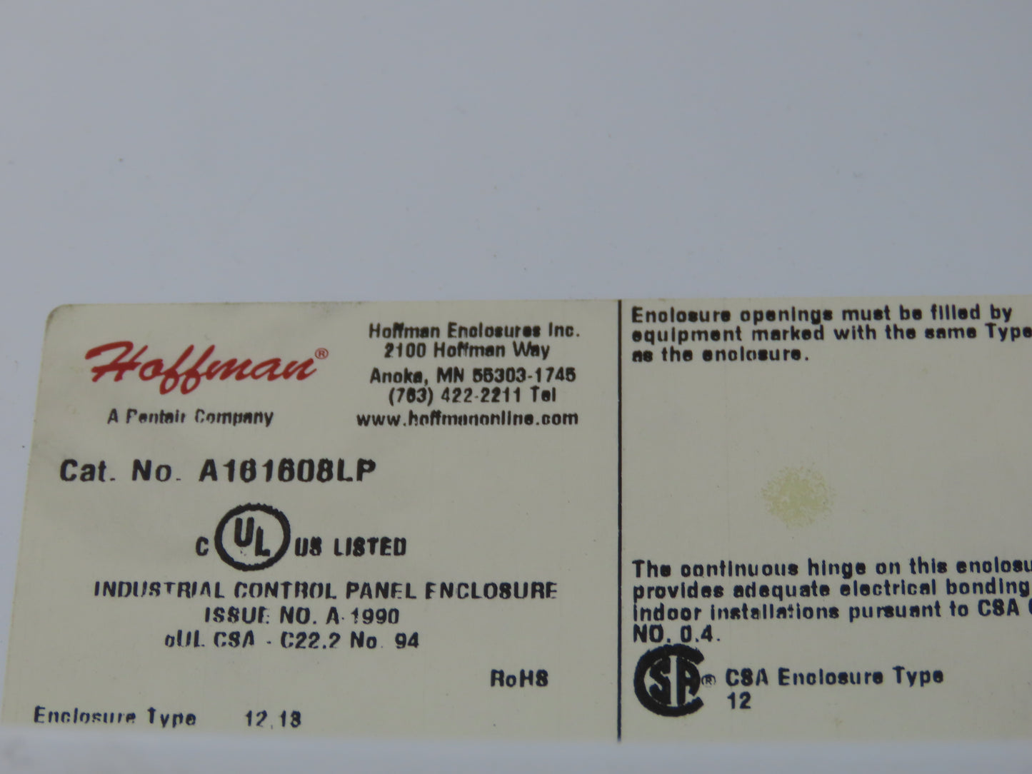 Hoffman A161608LP Electrical Enclosure Control Panel 16x16x8" Back Plate