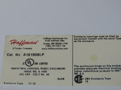 Hoffman A161608LP Electrical Enclosure Control Panel 16x16x8" Back Plate