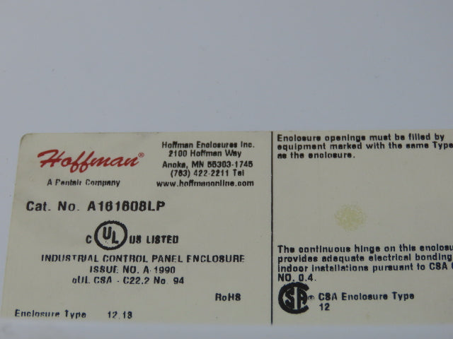 Hoffman A161608LP Electrical Enclosure Control Panel 16x16x8" Back Plate