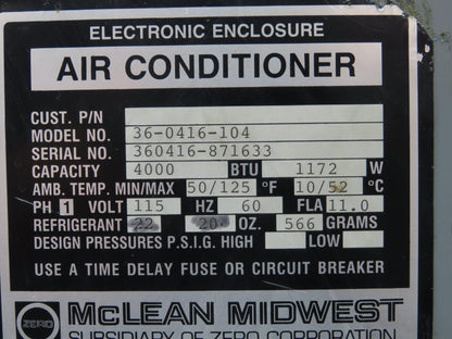 Mclean Midwest 36-0416-104 Electrical Enclosure Air Conditioner 4000 BTU 115V
