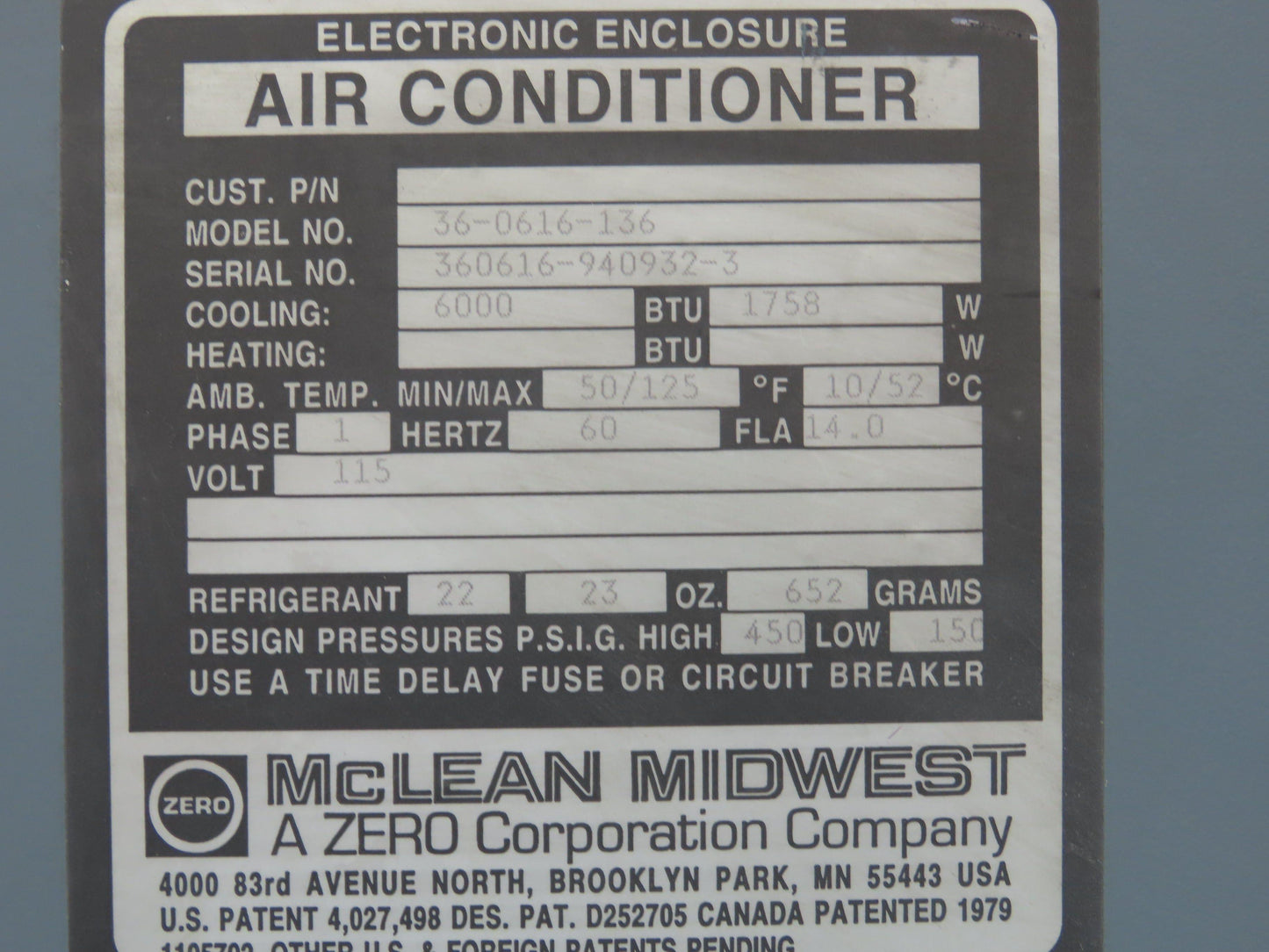Mclean Midwest 36-0616-136 Electrical Enclosure Air Conditioner 6000 BTU 115V
