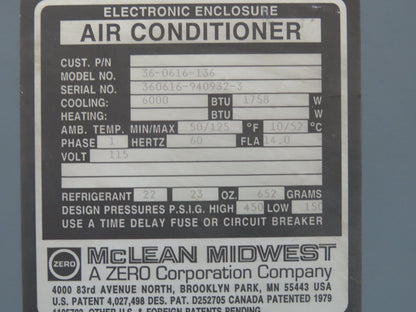 Mclean Midwest 36-0616-136 Electrical Enclosure Air Conditioner 6000 BTU 115V